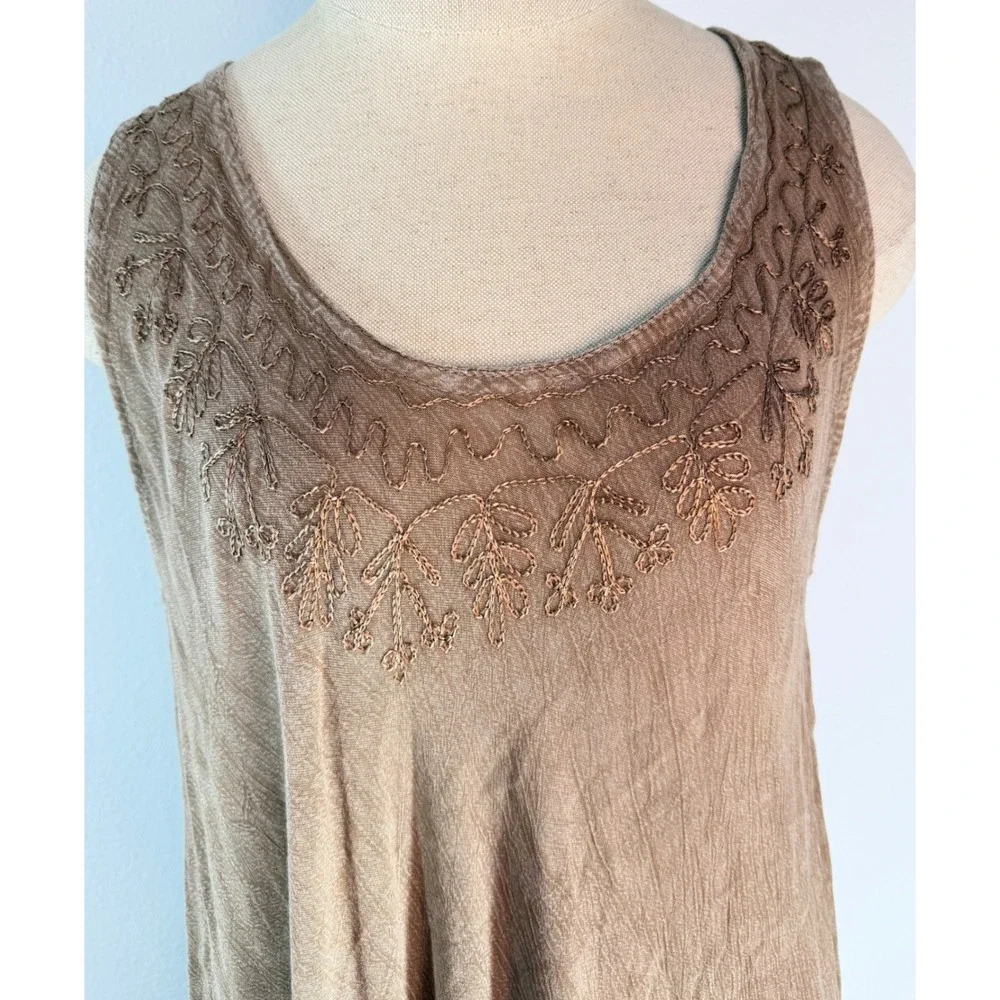 Boho Chic Tan Asymmetrical Midi Dress‎ Swim Coverup Floral Embroidered Lagenlook